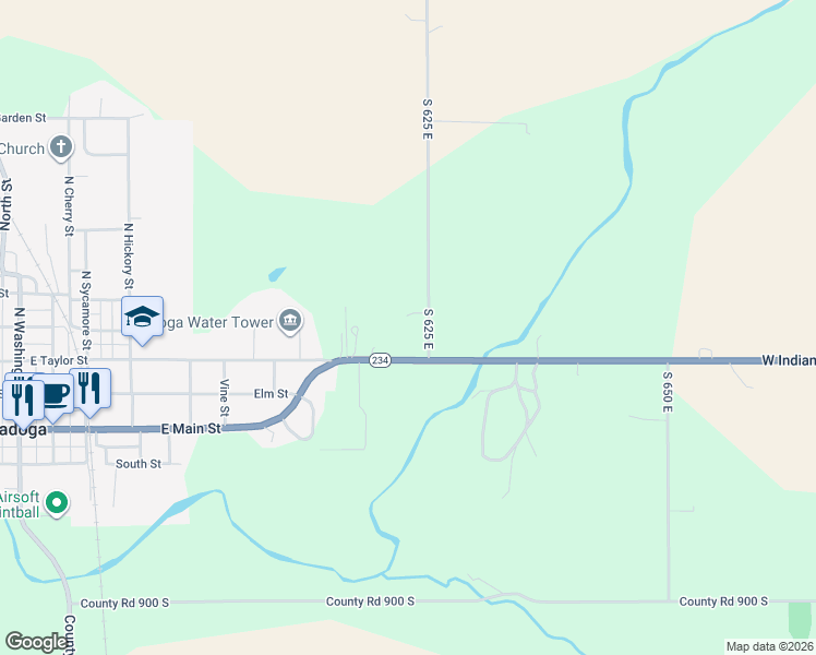 map of restaurants, bars, coffee shops, grocery stores, and more near 8443 South 625 East in Ladoga