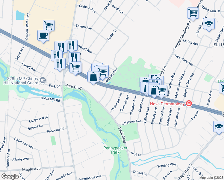 map of restaurants, bars, coffee shops, grocery stores, and more near 1501 Marlton Pike West in Cherry Hill