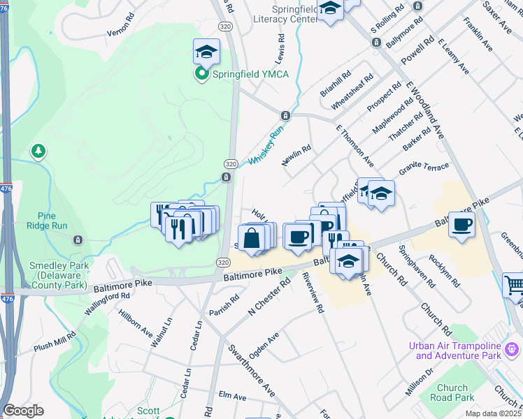 map of restaurants, bars, coffee shops, grocery stores, and more near 325 Holt Lane in Springfield