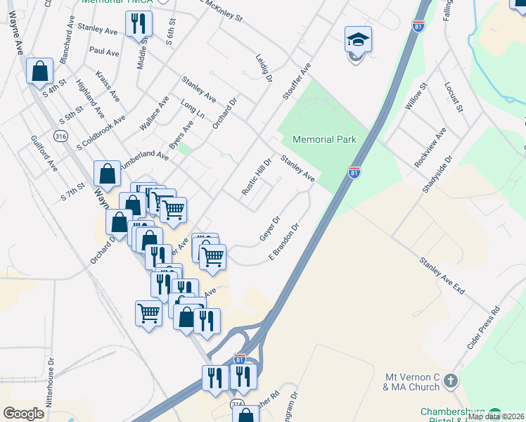 map of restaurants, bars, coffee shops, grocery stores, and more near 1102 Westgate Drive in Chambersburg