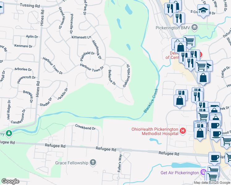 map of restaurants, bars, coffee shops, grocery stores, and more near 7764 Spyglass Hill Court in Pickerington