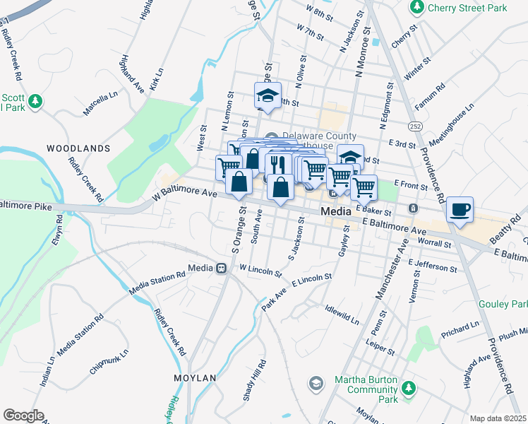 map of restaurants, bars, coffee shops, grocery stores, and more near 207 South Avenue in Media