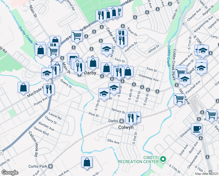 map of restaurants, bars, coffee shops, grocery stores, and more near 102 South 6th Street in Darby