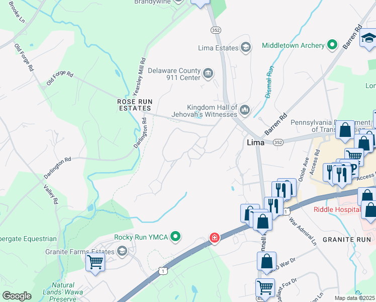 map of restaurants, bars, coffee shops, grocery stores, and more near Blackhawk Court in Media