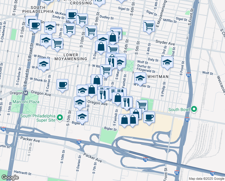 map of restaurants, bars, coffee shops, grocery stores, and more near 2551 South Sheridan Street in Philadelphia