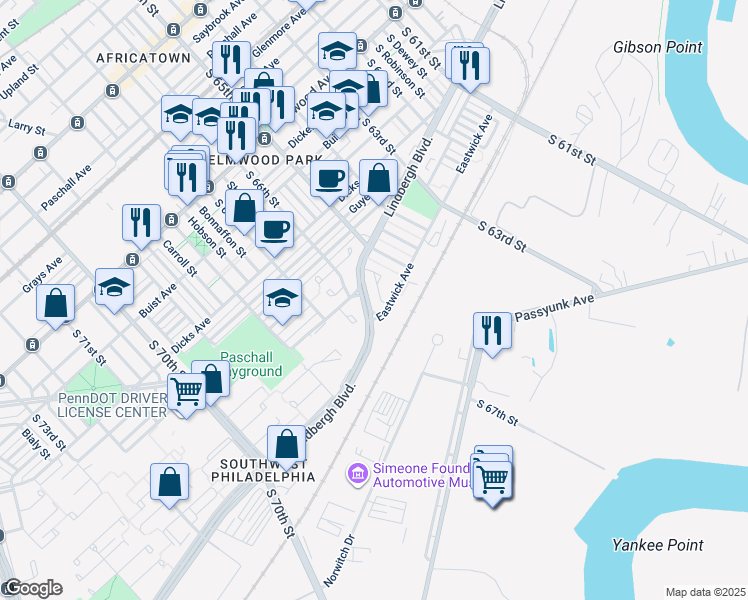map of restaurants, bars, coffee shops, grocery stores, and more near 2832 Bittern Place in Philadelphia
