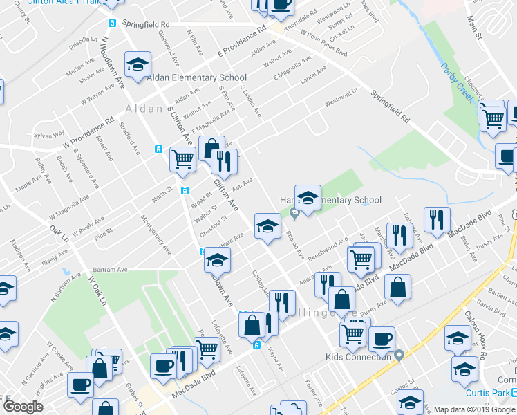 map of restaurants, bars, coffee shops, grocery stores, and more near 719 Bartram Avenue in Collingdale
