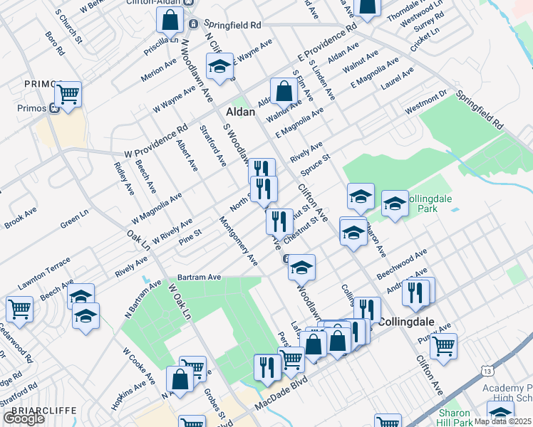 map of restaurants, bars, coffee shops, grocery stores, and more near 919 Broad Street in Collingdale
