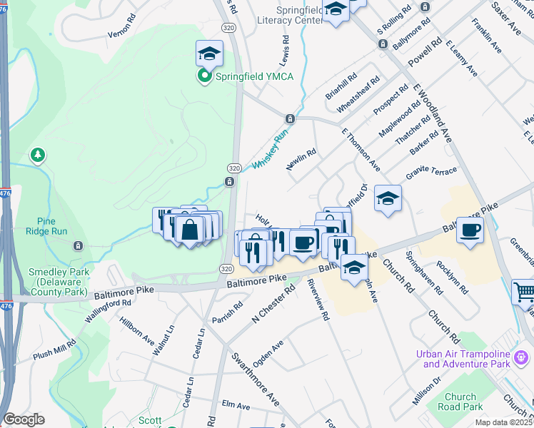 map of restaurants, bars, coffee shops, grocery stores, and more near 325 Holt Lane in Springfield