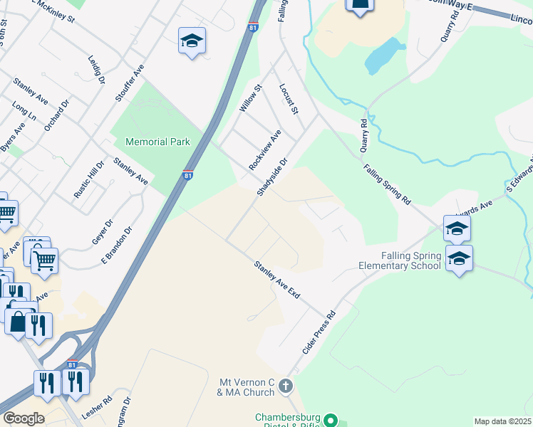map of restaurants, bars, coffee shops, grocery stores, and more near 1321 Treeline Drive in Chambersburg