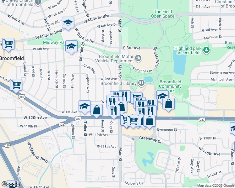 map of restaurants, bars, coffee shops, grocery stores, and more near 123 Main Street in Broomfield