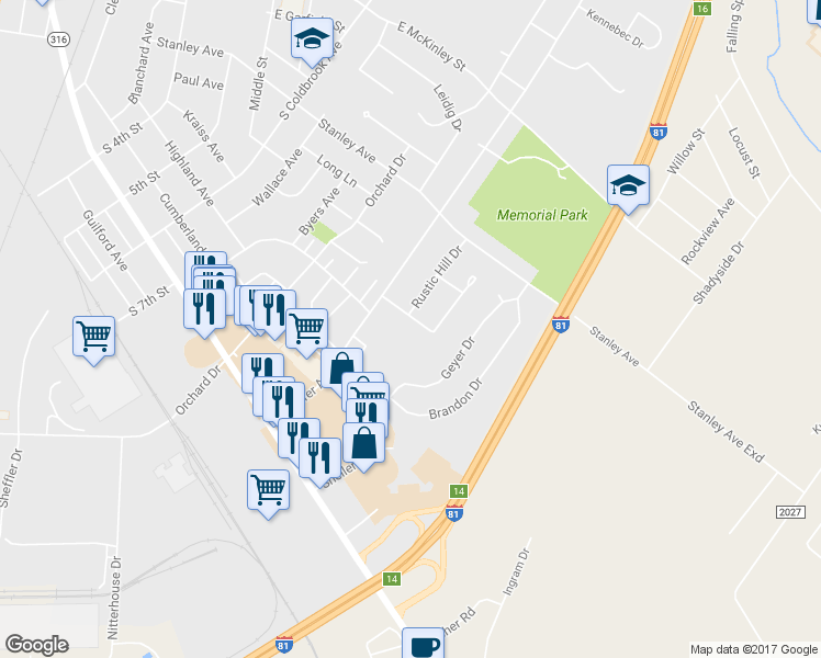 map of restaurants, bars, coffee shops, grocery stores, and more near 1150 Westgate Drive in Chambersburg