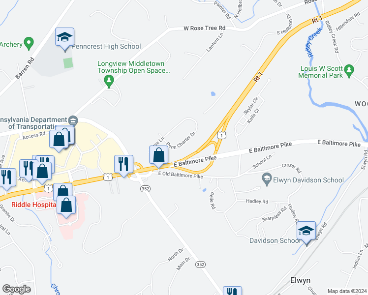 map of restaurants, bars, coffee shops, grocery stores, and more near 12 Penn Charter Drive in Media
