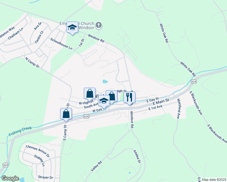 map of restaurants, bars, coffee shops, grocery stores, and more near 22 East High Street in Windsor