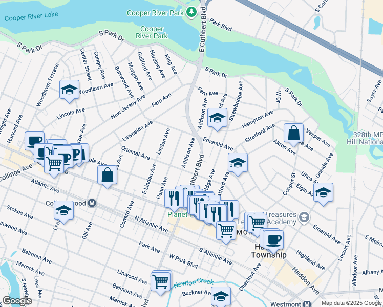 map of restaurants, bars, coffee shops, grocery stores, and more near 220 Addison Avenue in Haddon Township