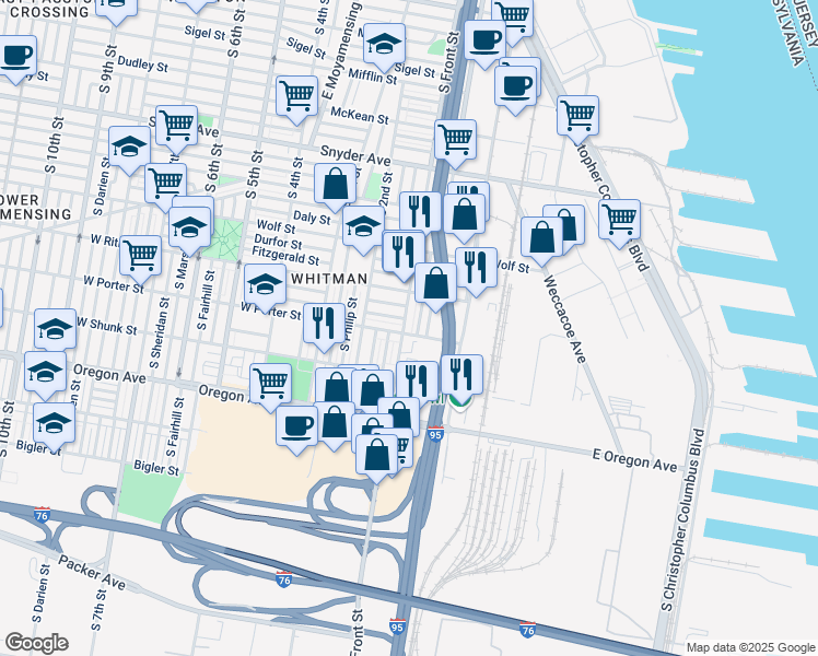 map of restaurants, bars, coffee shops, grocery stores, and more near 2447 S Front St in Philadelphia