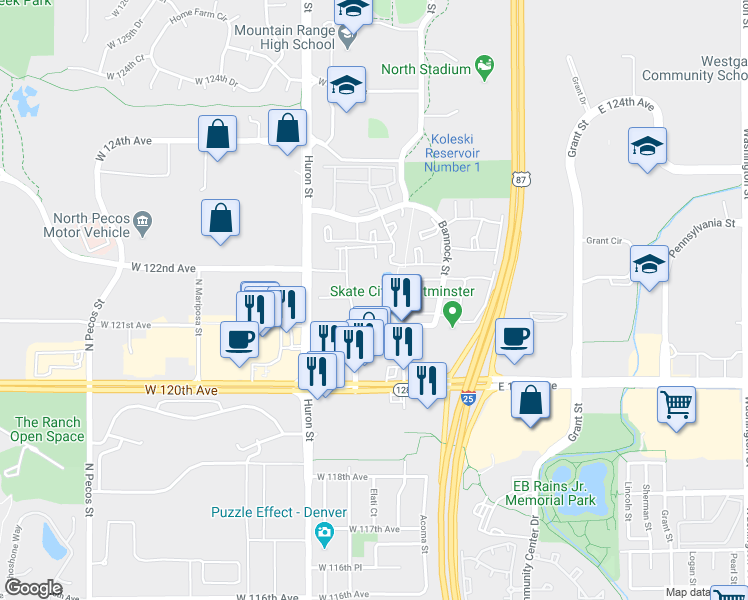 map of restaurants, bars, coffee shops, grocery stores, and more near 12108 Melody Drive in Denver