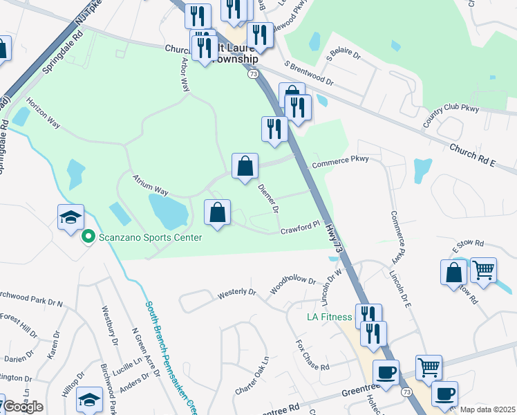 map of restaurants, bars, coffee shops, grocery stores, and more near 500 Diemer Dr in Mt Laurel
