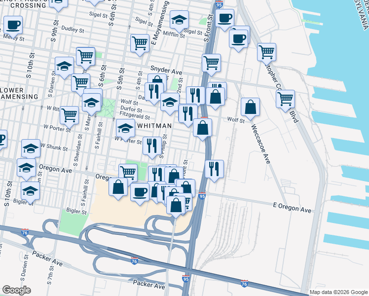 map of restaurants, bars, coffee shops, grocery stores, and more near 108 West Porter Street in Philadelphia