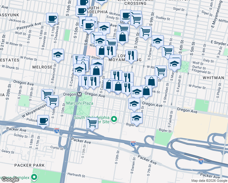 map of restaurants, bars, coffee shops, grocery stores, and more near 2647 South Jessup Street in Philadelphia