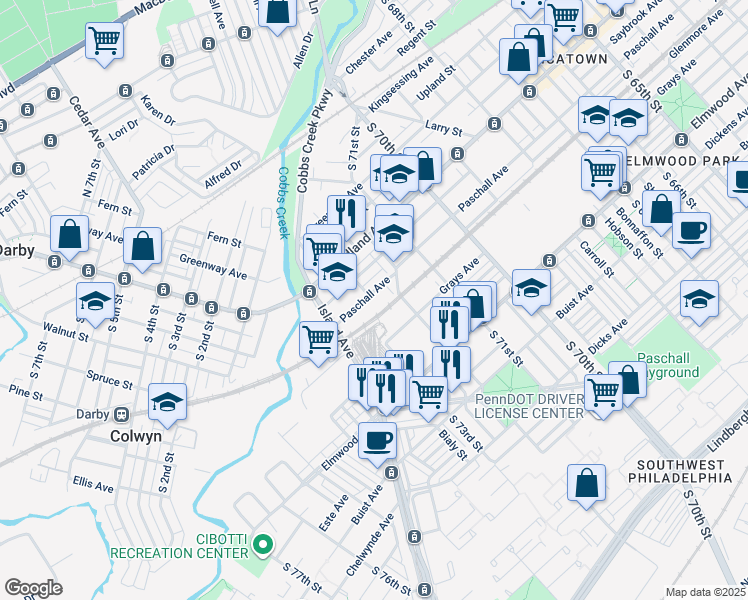 map of restaurants, bars, coffee shops, grocery stores, and more near 2311 Lloyd Street in Philadelphia