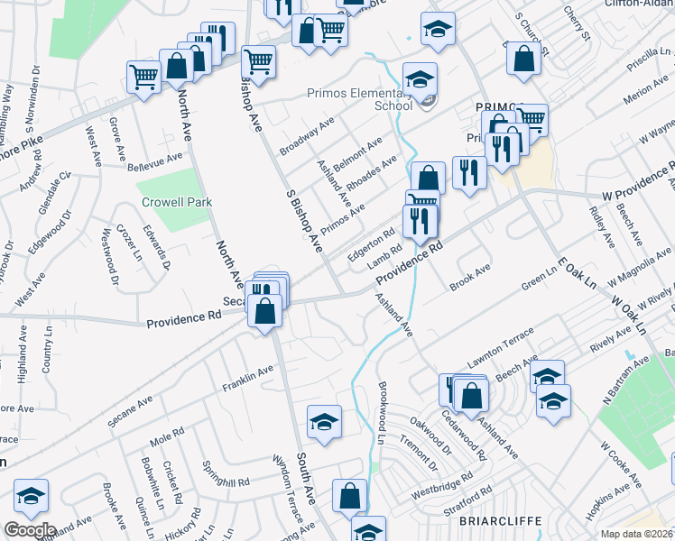 map of restaurants, bars, coffee shops, grocery stores, and more near 1032 Lamb Road in Delaware County