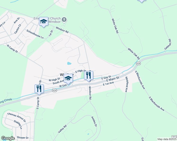 map of restaurants, bars, coffee shops, grocery stores, and more near 35 East High Street in Windsor