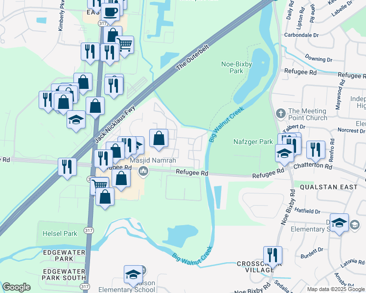 map of restaurants, bars, coffee shops, grocery stores, and more near 4599 Wordsworth Court in Columbus