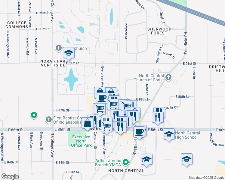 map of restaurants, bars, coffee shops, grocery stores, and more near 8905 Evergreen Avenue in Indianapolis