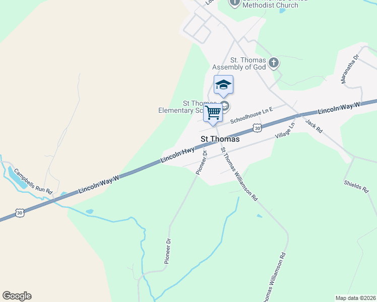 map of restaurants, bars, coffee shops, grocery stores, and more near 7554 Lincoln Way West in Saint Thomas