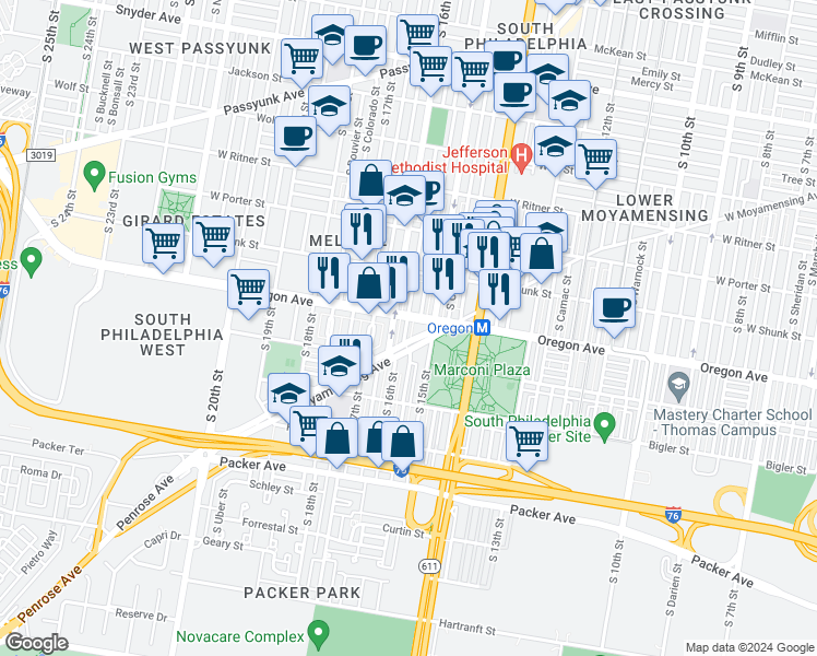 map of restaurants, bars, coffee shops, grocery stores, and more near 2709 South Mole Street in Philadelphia
