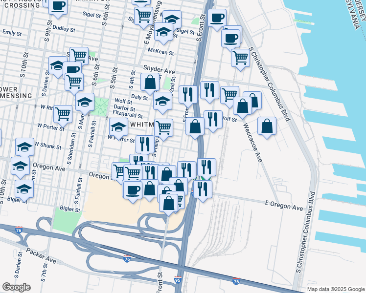 map of restaurants, bars, coffee shops, grocery stores, and more near 2447 S Front St in Philadelphia