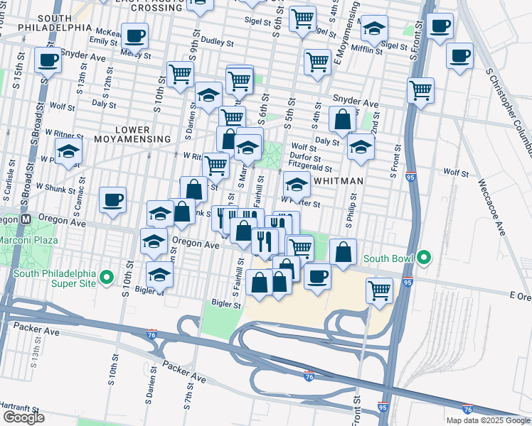 map of restaurants, bars, coffee shops, grocery stores, and more near 2535 South Reese Street in Philadelphia