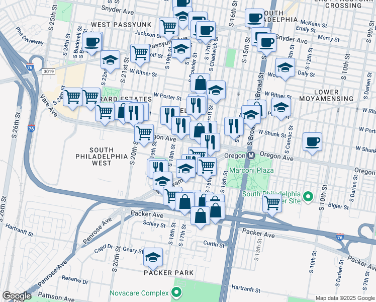 map of restaurants, bars, coffee shops, grocery stores, and more near 2722 South 17th Street in Philadelphia