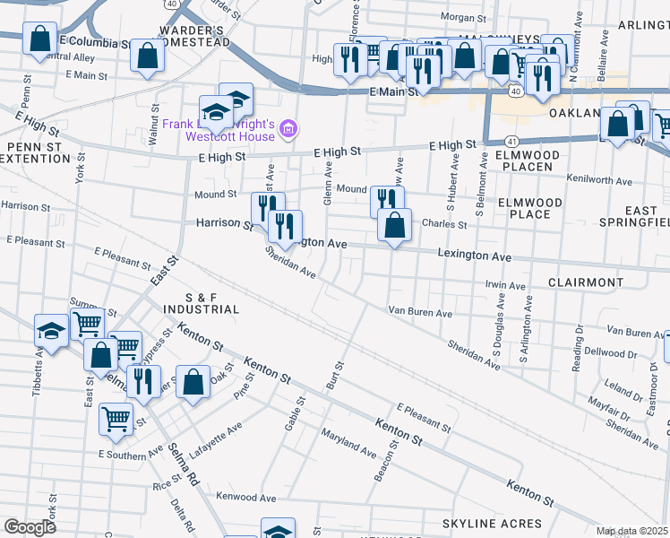 map of restaurants, bars, coffee shops, grocery stores, and more near 427 Willard Avenue in Springfield