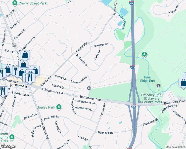 map of restaurants, bars, coffee shops, grocery stores, and more near 825 Parkridge Drive in Media