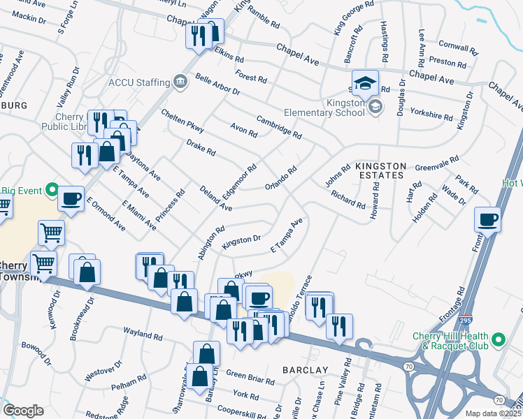 map of restaurants, bars, coffee shops, grocery stores, and more near 907 Deland Avenue in Cherry Hill Township