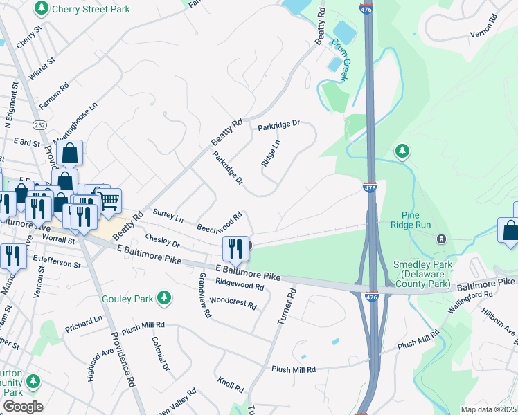 map of restaurants, bars, coffee shops, grocery stores, and more near 825 Parkridge Drive in Media