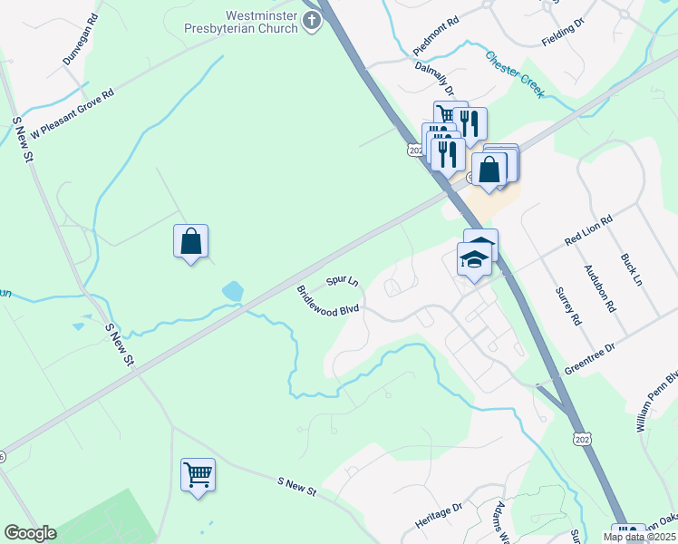 map of restaurants, bars, coffee shops, grocery stores, and more near 125 Spur Lane in West Chester