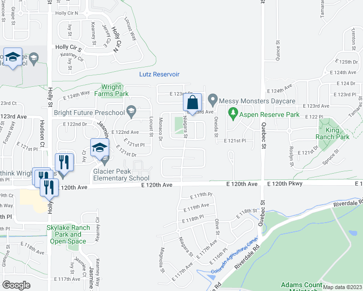 map of restaurants, bars, coffee shops, grocery stores, and more near 12155 Monaco Drive in Brighton