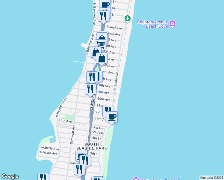map of restaurants, bars, coffee shops, grocery stores, and more near 15 9th Avenue in Seaside Park