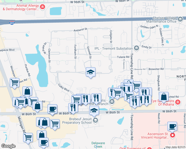 map of restaurants, bars, coffee shops, grocery stores, and more near 2821 Barnard Street in Indianapolis