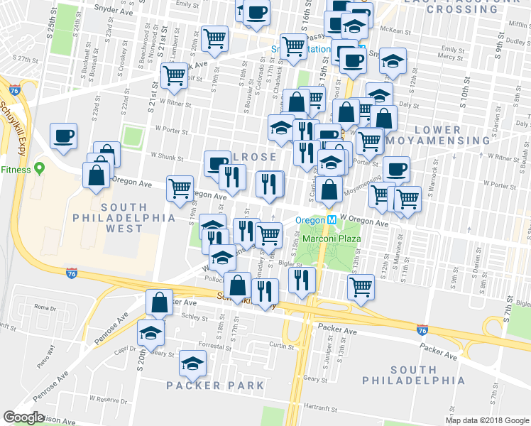 map of restaurants, bars, coffee shops, grocery stores, and more near 2713 South Smedley Street in Philadelphia