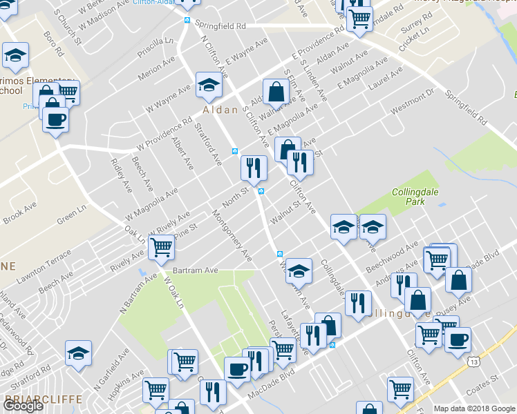 map of restaurants, bars, coffee shops, grocery stores, and more near 919 Broad Street in Collingdale