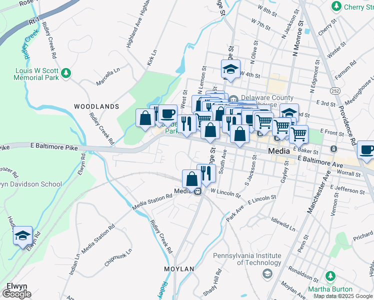 map of restaurants, bars, coffee shops, grocery stores, and more near 302 South Lemon Street in Media