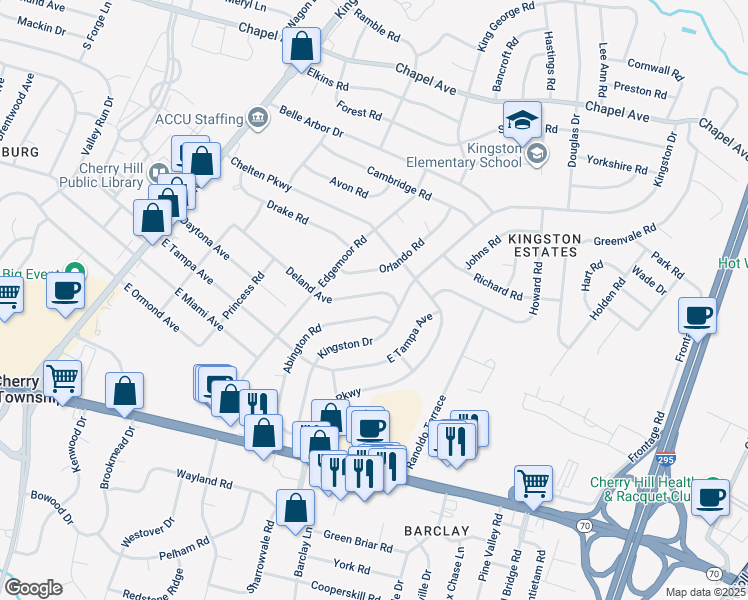 map of restaurants, bars, coffee shops, grocery stores, and more near 907 Deland Avenue in Cherry Hill Township