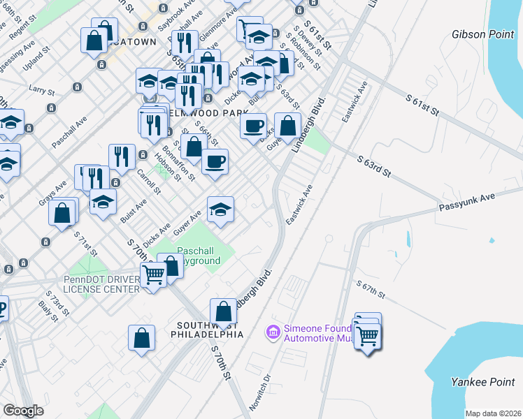 map of restaurants, bars, coffee shops, grocery stores, and more near 3009 Dowitcher Place in Philadelphia