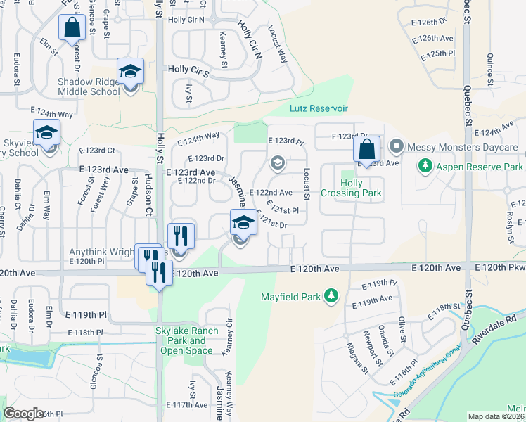 map of restaurants, bars, coffee shops, grocery stores, and more near 6190 East 121st Drive in Brighton