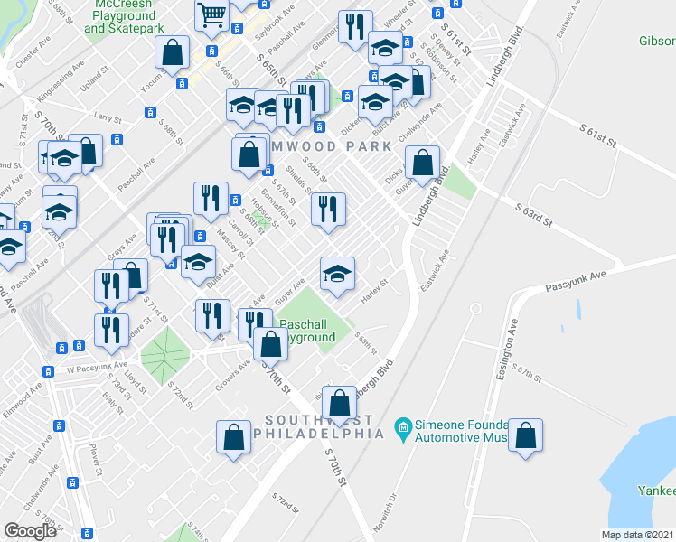 map of restaurants, bars, coffee shops, grocery stores, and more near 6716 Dorel Street in Philadelphia