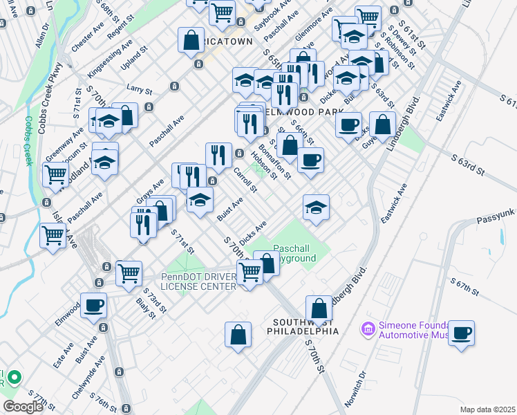 map of restaurants, bars, coffee shops, grocery stores, and more near 2635 Massey Street in Philadelphia